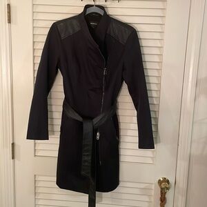Mackage Black Leather Trim Tres Chic Double Zipper Belted Coat